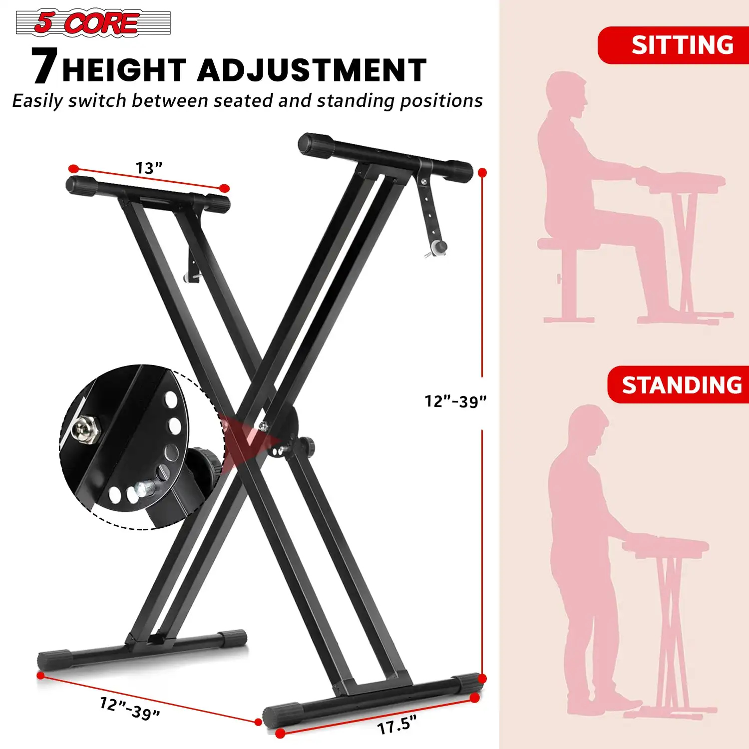 5 Core Keyboard Stand Double X Style Adjustable Lift Piano Riser For 49 - 88 Keys KS 2X BLK