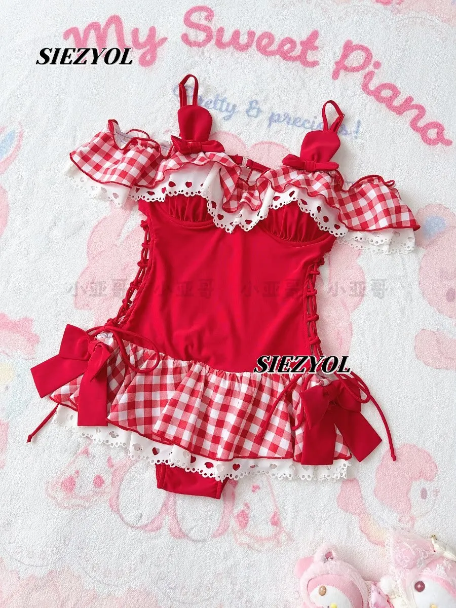 Sweet Girls Red Plaid One-piece Swimsuit Summer Hot Spring Seaside Vacation Cute Female Bow Ruffle Edge Suspender Bathing Suit