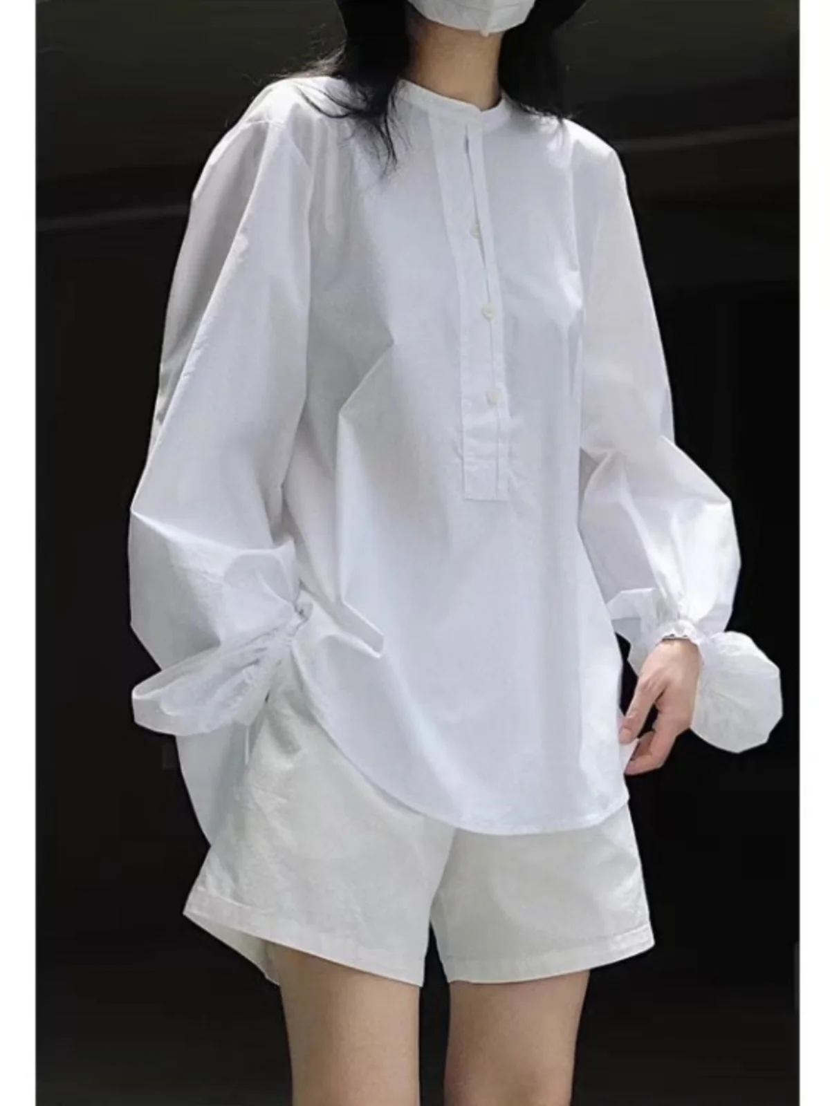 

Spring 2025 Women's Loose Fit Cotton irt round Ne Lantern Sve Pure Color Button up Korean Sle Office Wear
