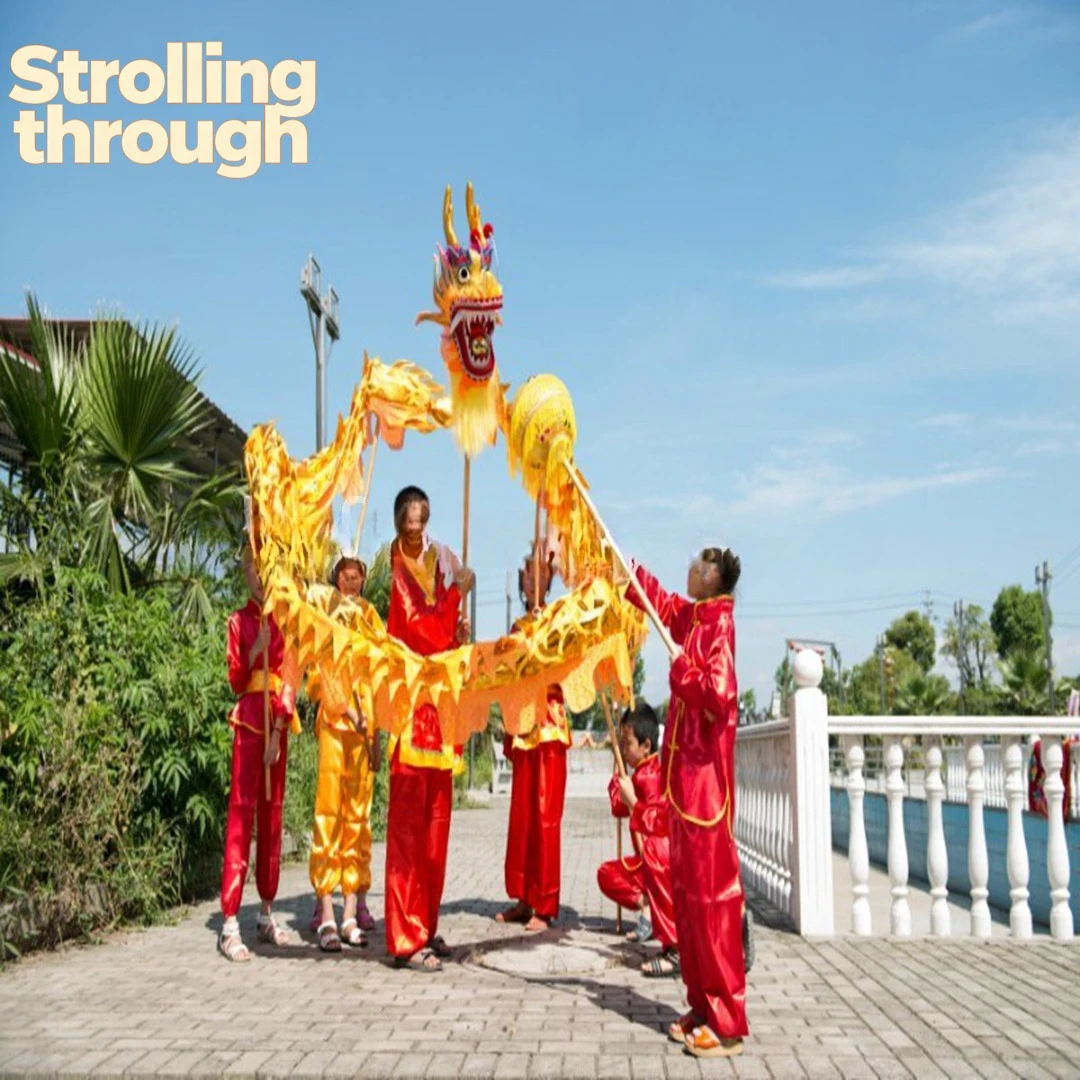 

7.9m Dragon Dance gold Plated Costume Props for 8 Kids Chinese Folk Culture Dragon Party Hanging Mascot silk No poles
