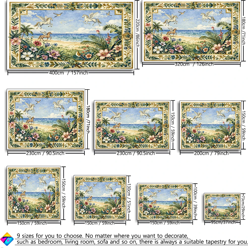 Seaside Flowers Pegasus Pattern Printed Tapestry Wall Hanging Exotic Bohemian Style Living Room Bedroom Home Decor