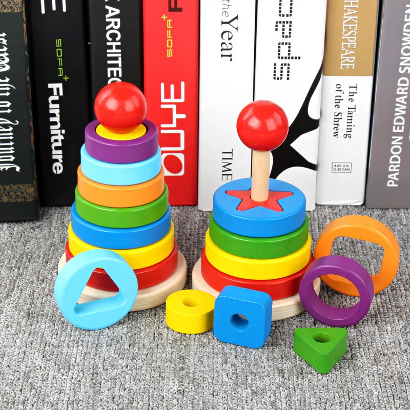 Wooden Geometric Round Stacking Montessori Toys Building Blocks Early Education Montessori 3D Puzzle Shape Rainbow Toys