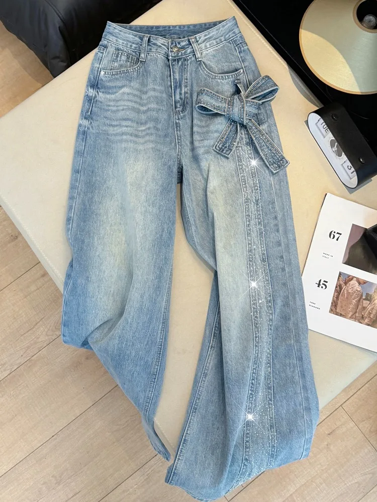 

Blue Denim Wide Leg Jeans Women's Summer 2026 New High Waist Slim Straight Casual Pants with Bow Tie And Rhinestone