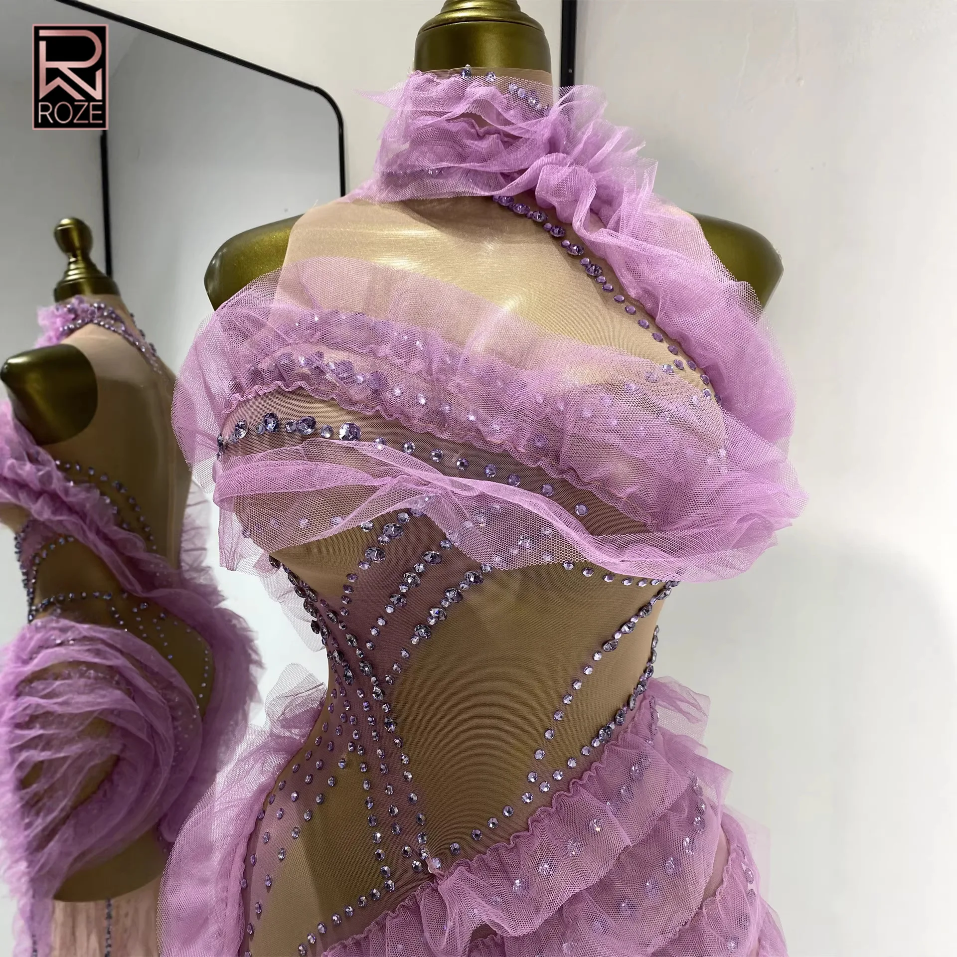 Vestido Maxi Roxo com Decote Halter em Tule Transparente com Renda e Strass para Mulheres, Vestido Sexy para Festas e Clubes