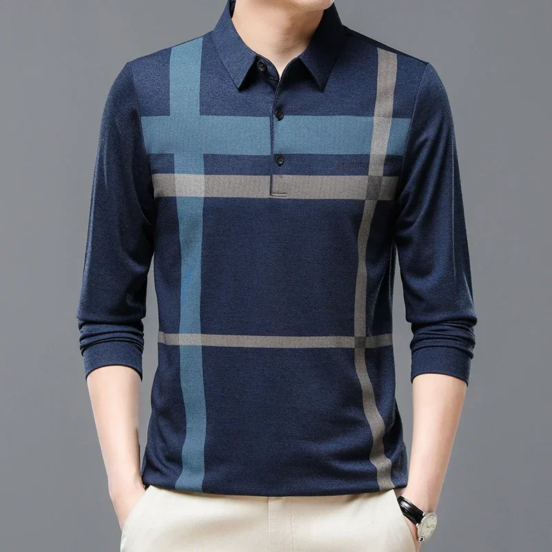 

BROWON Fashion Men Polo 2025 Autumn Turn-down Collar Long Sleeve Polo Shirts Long Sleeve Striped Print Business Casual Polo Tops