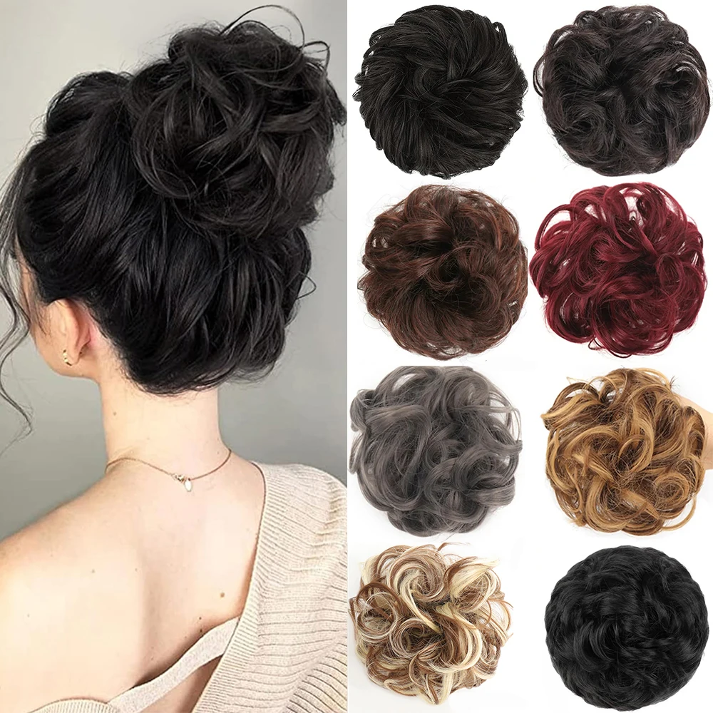 Bun sintético ondulado do cabelo para mulheres, Scrunchies desarrumado, grampo da garra na extensão do cabelo, updos hairpieces, preto, marrom,