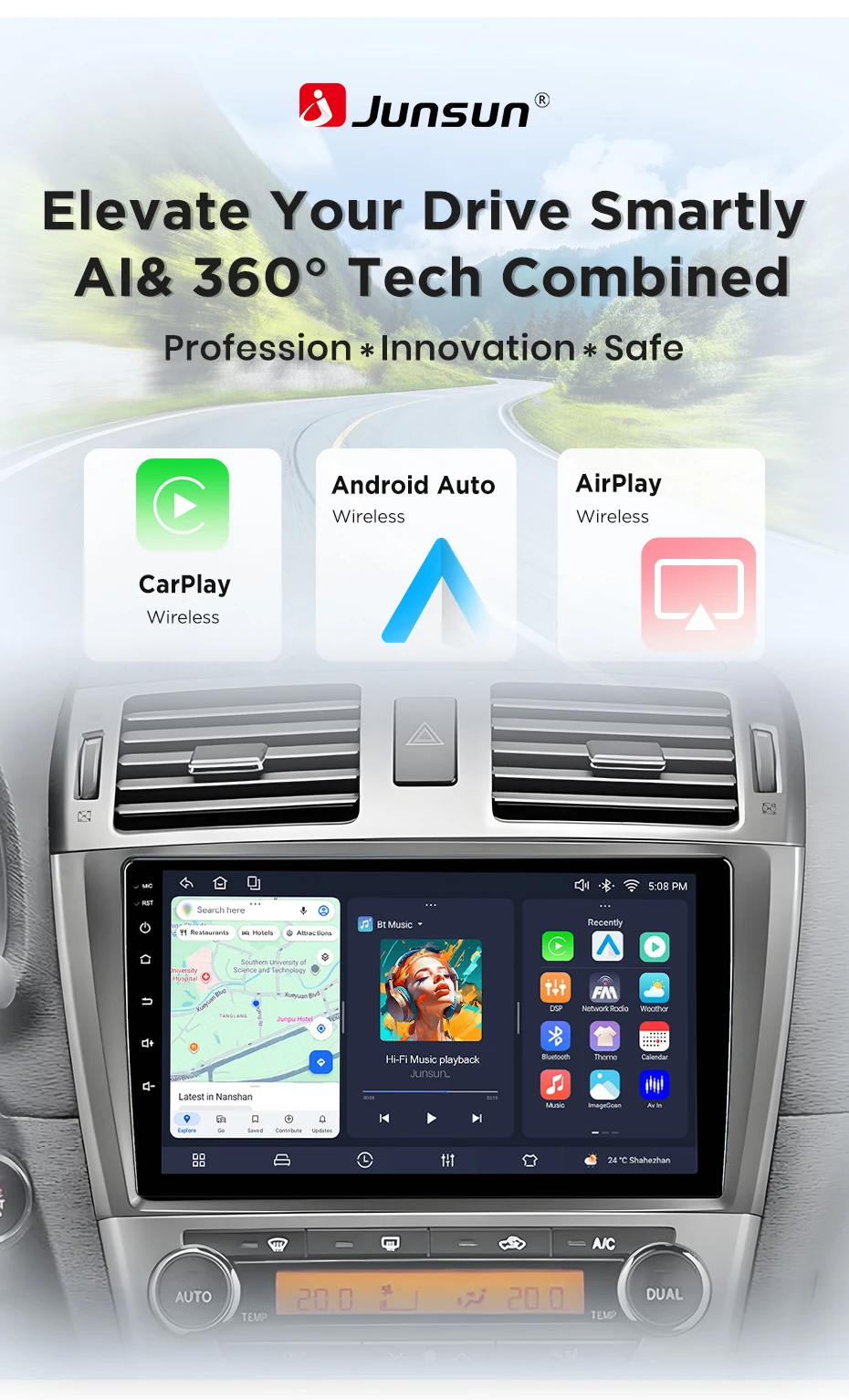 Junsun Android 15 Auto-Intelligentes System für Toyota Avensis T27 2008-2015, kabelloses CarPlay für Apple Auto, 9" – Detail 3