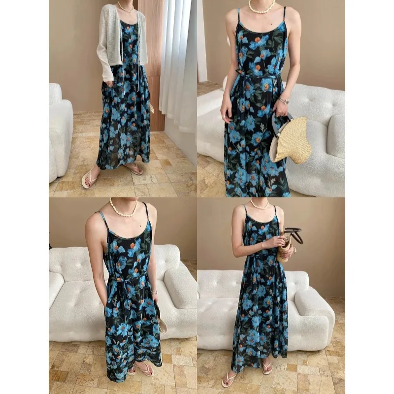 

French Oil Painting Floral Lace Up Waist Cinching Slimming Temperament Camisole Dress
