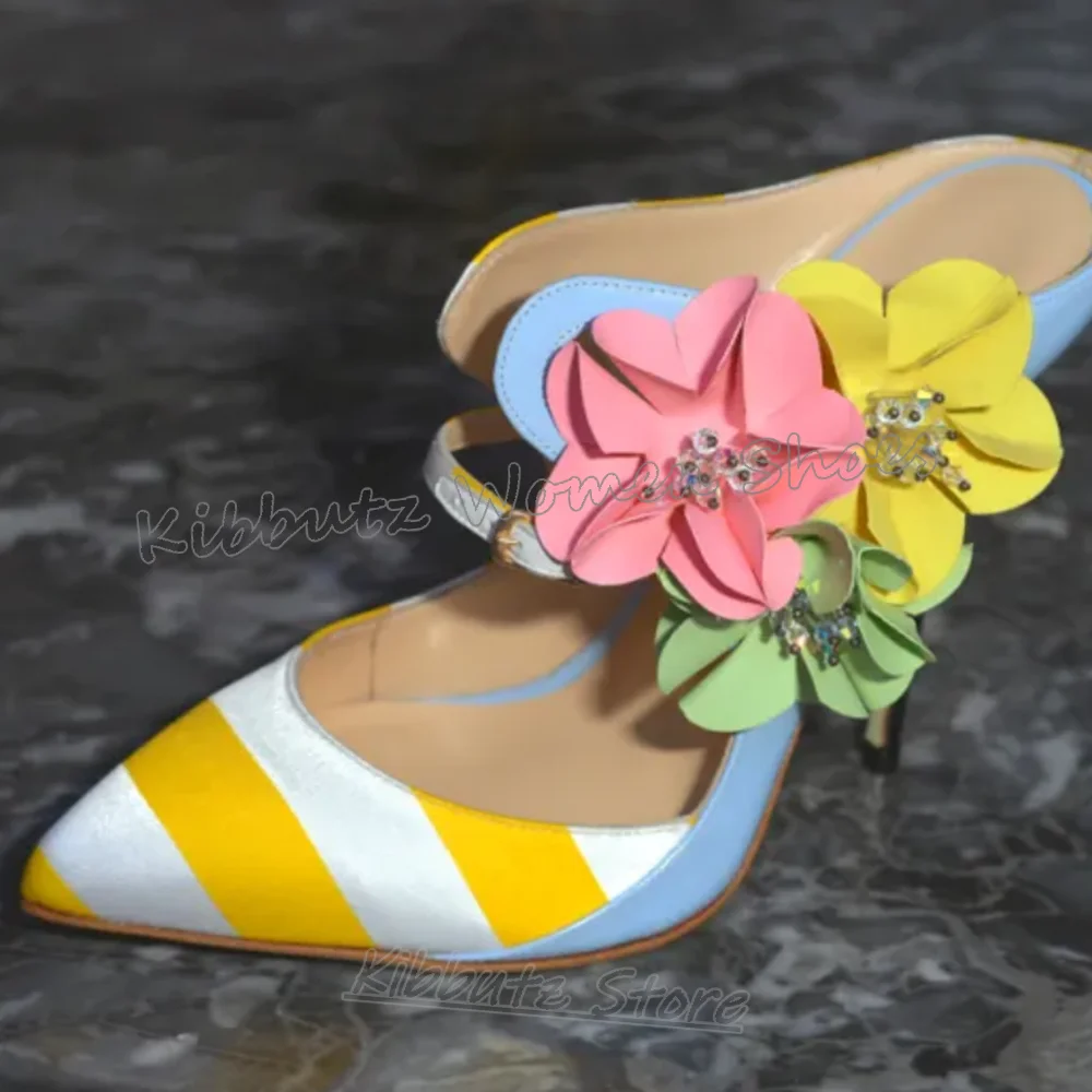 Flower Slipper Sandals Summer Beach Shoes Striped Slip-On Pointed Toe Thin Heels Fashion Luxury Elegant Leather Mixed Color New
