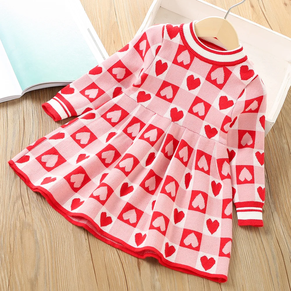 New Spring Autumn Princess Girls Dress Full Print Heart Pattern Knitted Sweatshirt Dresses For Kids Children Birthdy Present