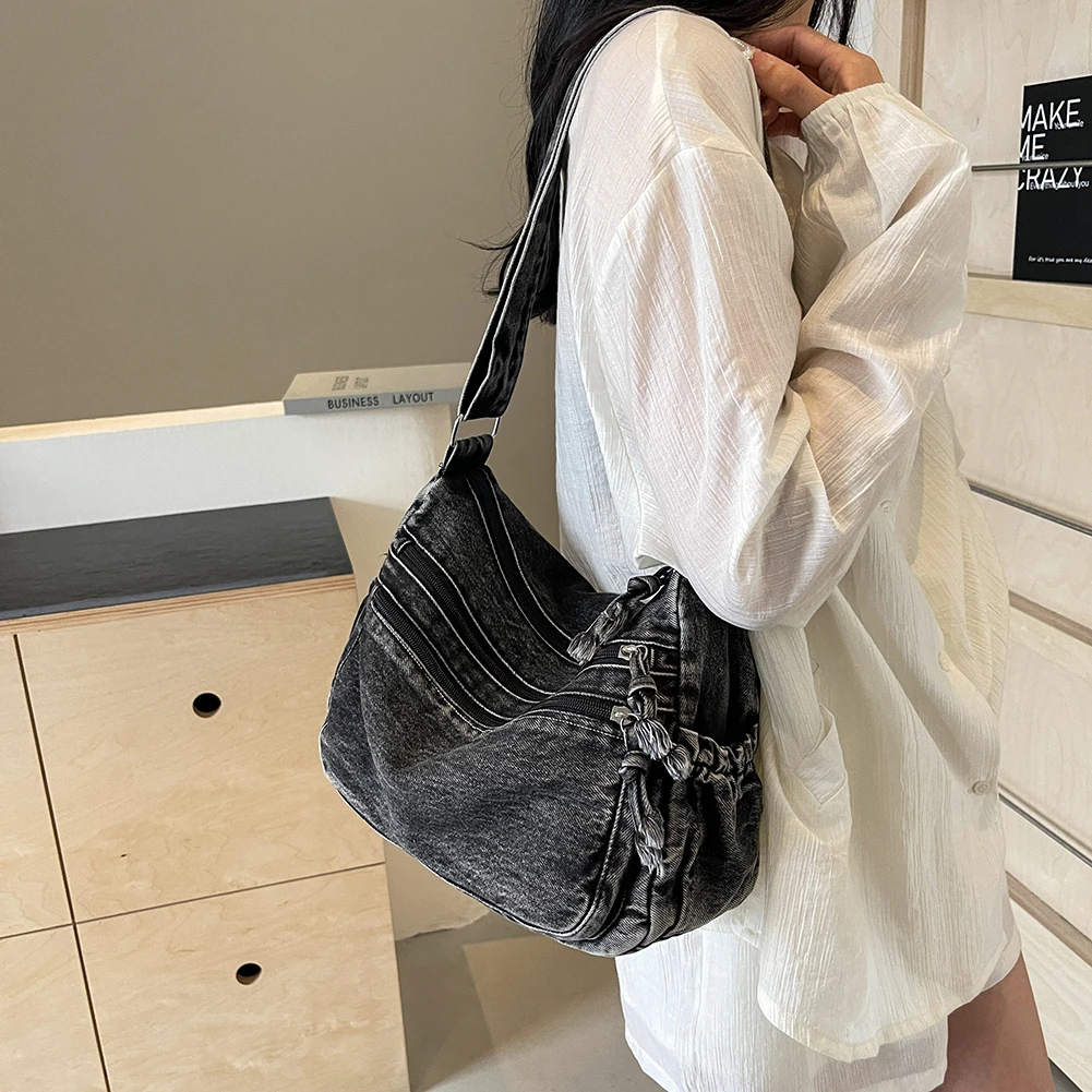 Vintage Denim Shoulder Bag Women\'s Large Capacity Messenger Bag Multi-pockets Satchel Bags Adjustable Strap Ladies Crossbody Bag