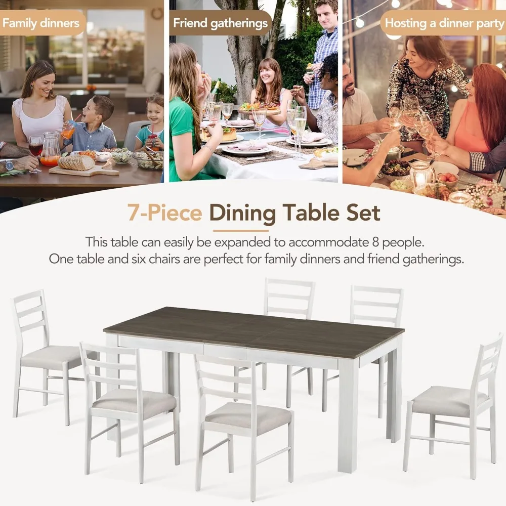 7-Piece Wooden Dining Table Set, Multifunctional Extendable Tabletop with 12” Leaf and 2 Drawers, 6 Chairs with Soft Cushion