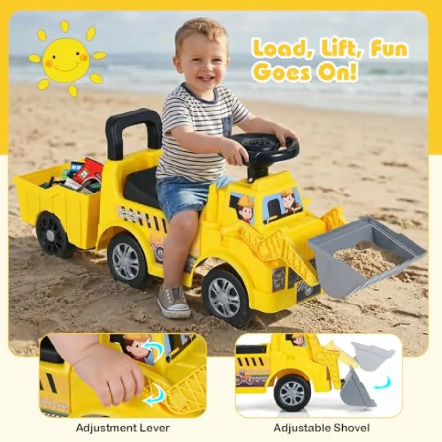 Ride-on excavator for toddlers: steel frame, yellow gray, detachable trailer + under-seat storage + DIY stickers + shovel tool