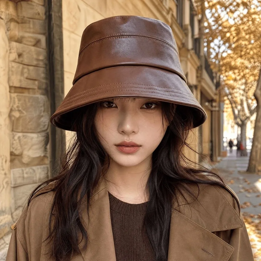 Fashion Solid Color Sun Bucket Hat Packable Lightweight Wide Brim Hat Vintage Style Versatile PU Leather Hat For Women