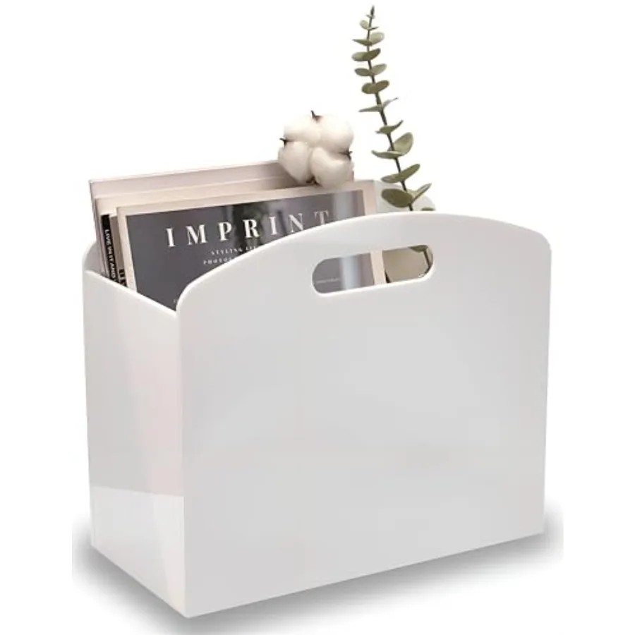 

White Magazine Holder - Acrylic Magazine Rack Floor Newspaper Stand with handles Modern Lucite Magazine and Book Basket Box for