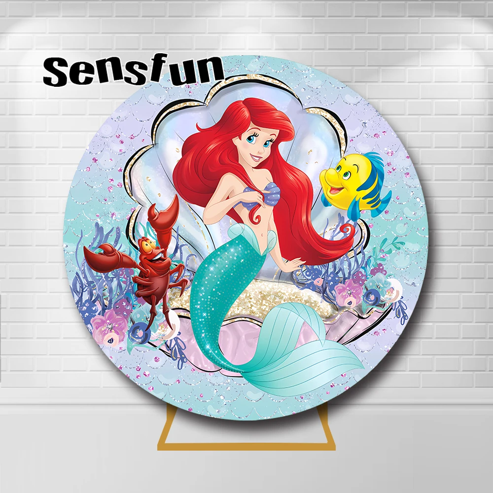 Little Mermaid Ariel Round Backdrop Cover for Princess Girls Baby Shower Birthday Party Decoration Under The Sea Mussel Banner