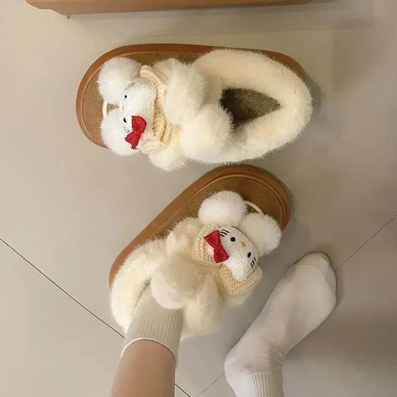 

Hello Kitty Kawaii Anime MINISO Lovely Doll Snow Boots Female Cute Cartoon Plus Fleece Cotton Shoes Lovely Gifts for Girls