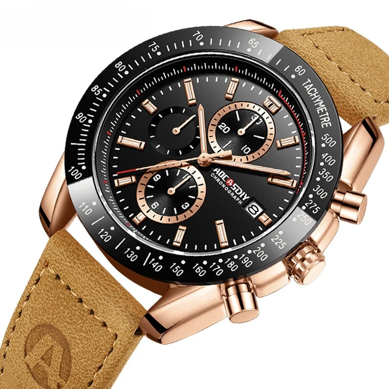 

Foreign trade cross-border men's belt watch business three-eye multi-function calendar quartz watch waterproof men's watch