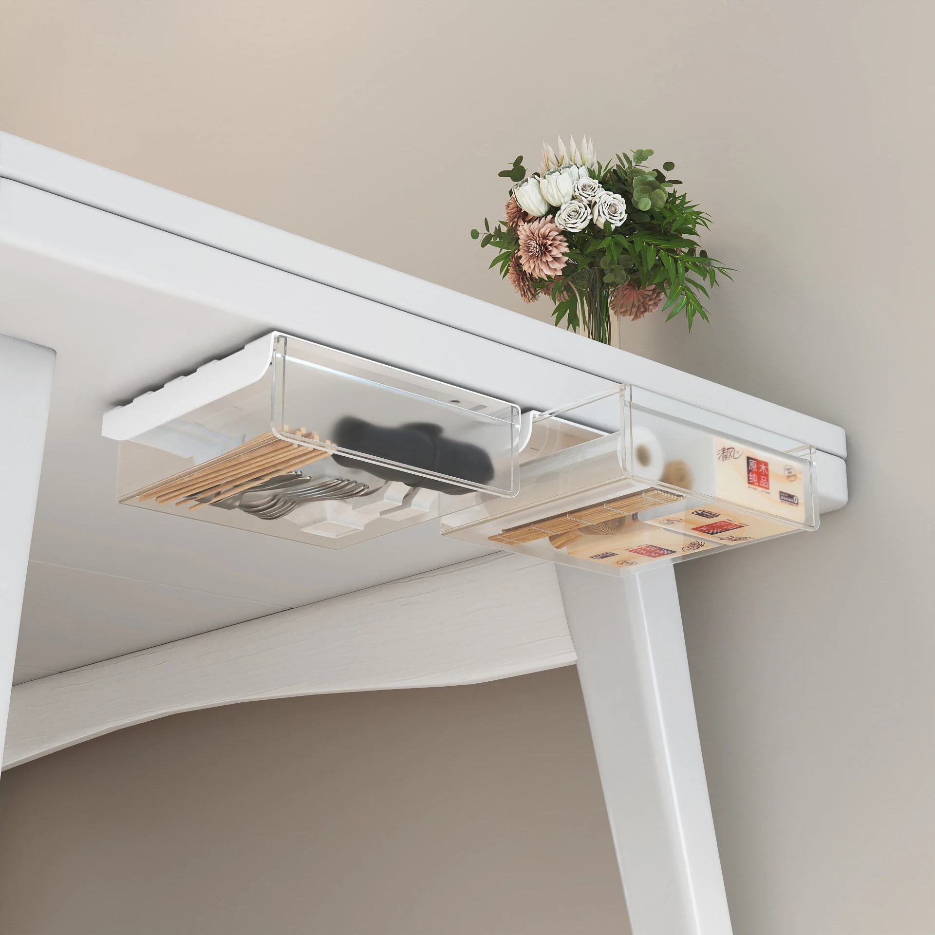 Under Desk Drawer with Built-in Organizer Compartments, Adhesive Mount, Hidden Storage Box for Office & School Supplies