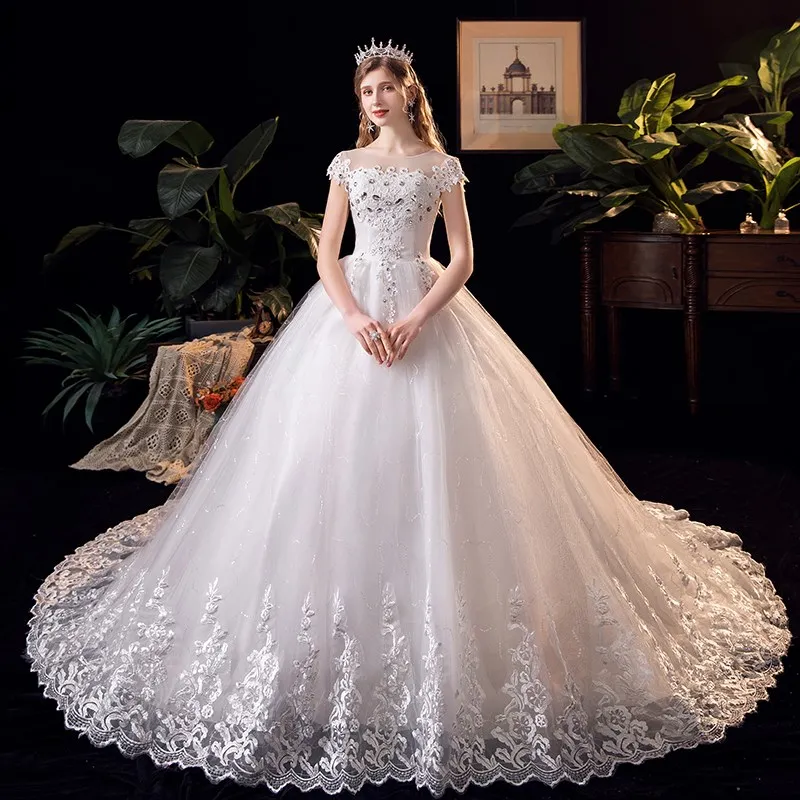 Luxury Diamond Wedding Dress 2024 New Simple Short Sleeve O Neck Lace Wedding Dress Sweep Big Train Ball Gown Vestido Customized