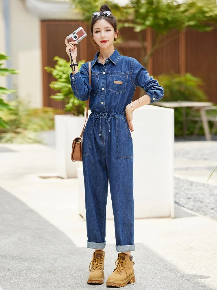 ชุดเอี๊ยมยีนส์ลำลอง La Chapelle แฟชั่นสำหรับผู้หญิง ทรงหลวม สไตล์ชุดทำงาน กางเกงขายาวเอวสูง ผ้าฝ้าย ทรงตรง