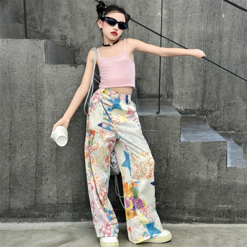 teen Funny Print Pants Girl Graffiti printed straight Wide Leg Trousers Casual Child Loose Pantalones Thin Sweatpants Streetwear