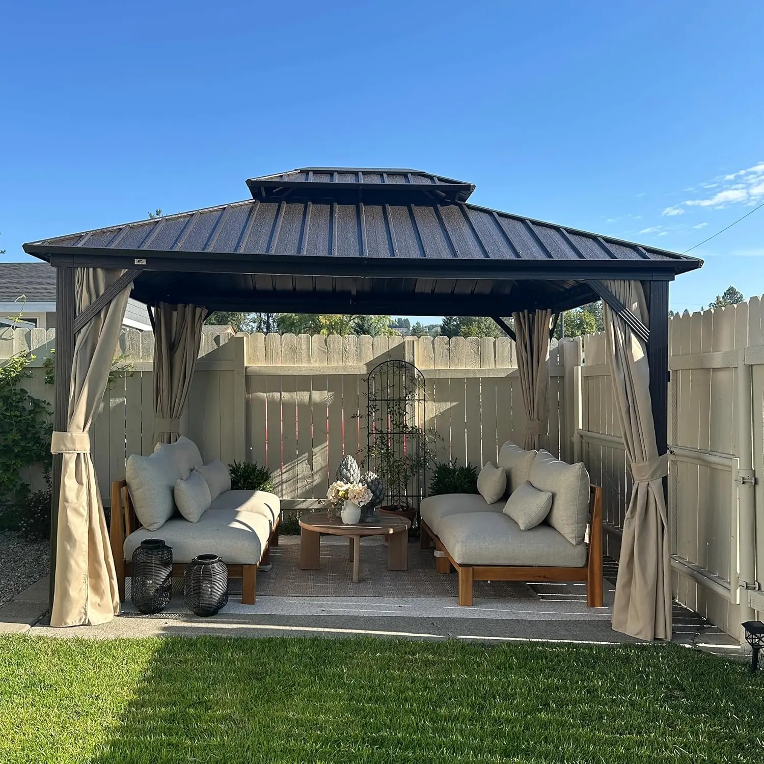 

10x12 Hardtop Gazebo Galvanized Steel Double Roof Curtains & Netting Patio Backyard, Customized