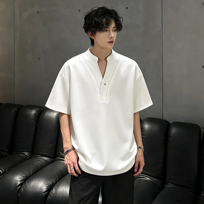 LUZHEN 2026 Summer New Solid Color Korean Fashion Short Sleeve T-shirts Men's High Quality Small V-neck Casual Male Tops JY7263