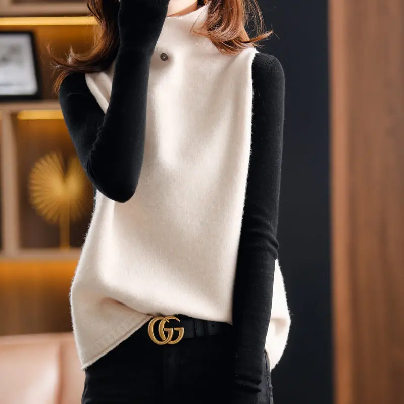 Fashion Women Vintage Turtleneck Sweater Vest Spring Autumn All-match Casual Streetwear Solid Loose Sleeveless Knitted Pullovers