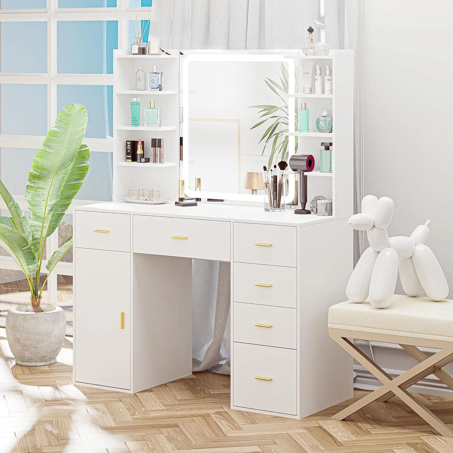 

Vanity Desk with Mirror & Light, Makeup Vanity with Lights, 6 Drawers Makeup Table w/ Mirror, 3 Lighting Colors, Dressing Table