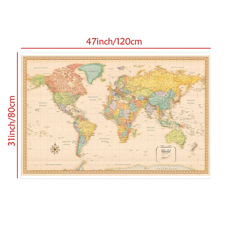 120*80cm 레트로 세계지도 벽 아트 포스터 및 인쇄 부직포 캔버스 회화 거실 홈 장식 학교 용품