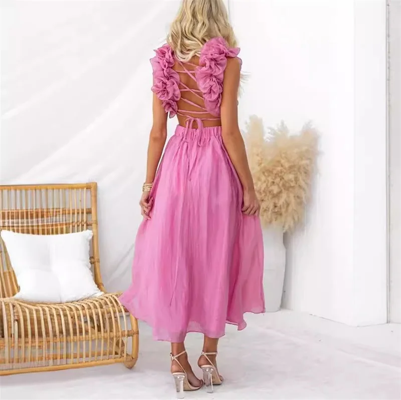 Summer Solid Color Strap Backless Homecoming Dress Sexy Pleated Hollow Out Party Gown French Style Cross Holiday Fairy Skirt