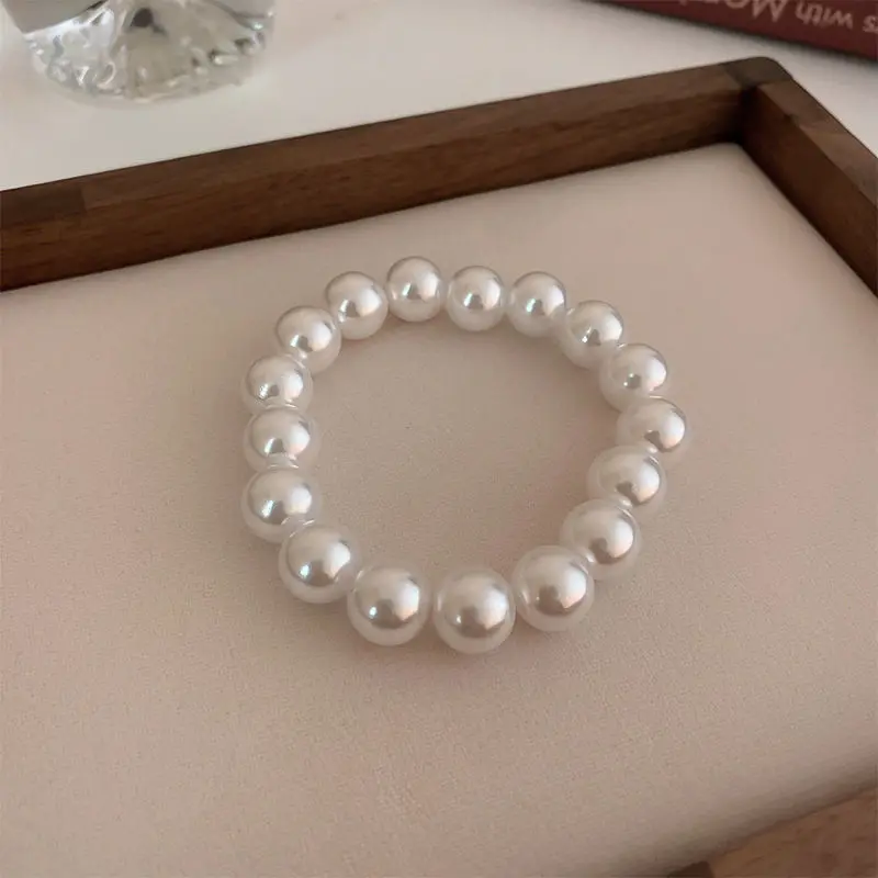 Elegant White Faux Pearls Beaded Bracelets for Women Adjustable Elastic Rope Bracelet French Luxury Hands Jewelry Accessories