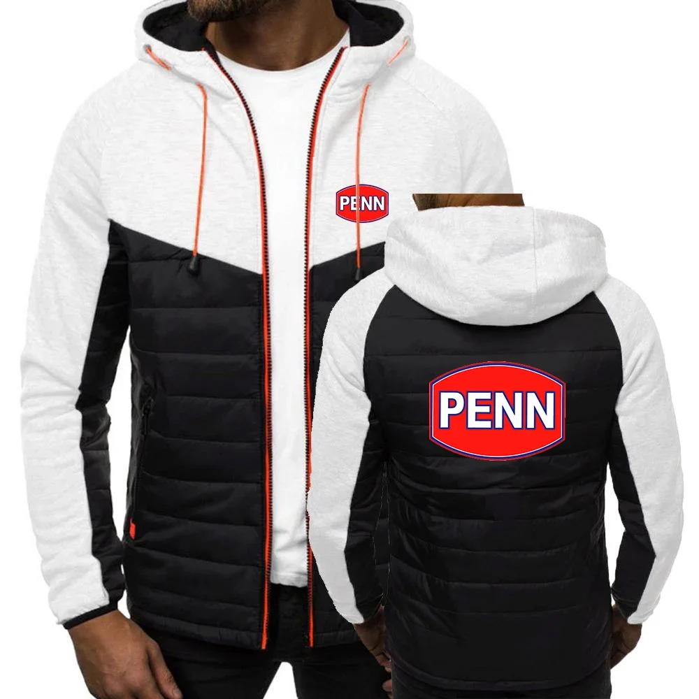 2024 Spring Autumn Men's Penn Fishing Reel Logo Printed Popular Solid Color Patchwork Warm Hooded Cotton Jacket Comfortable Coat