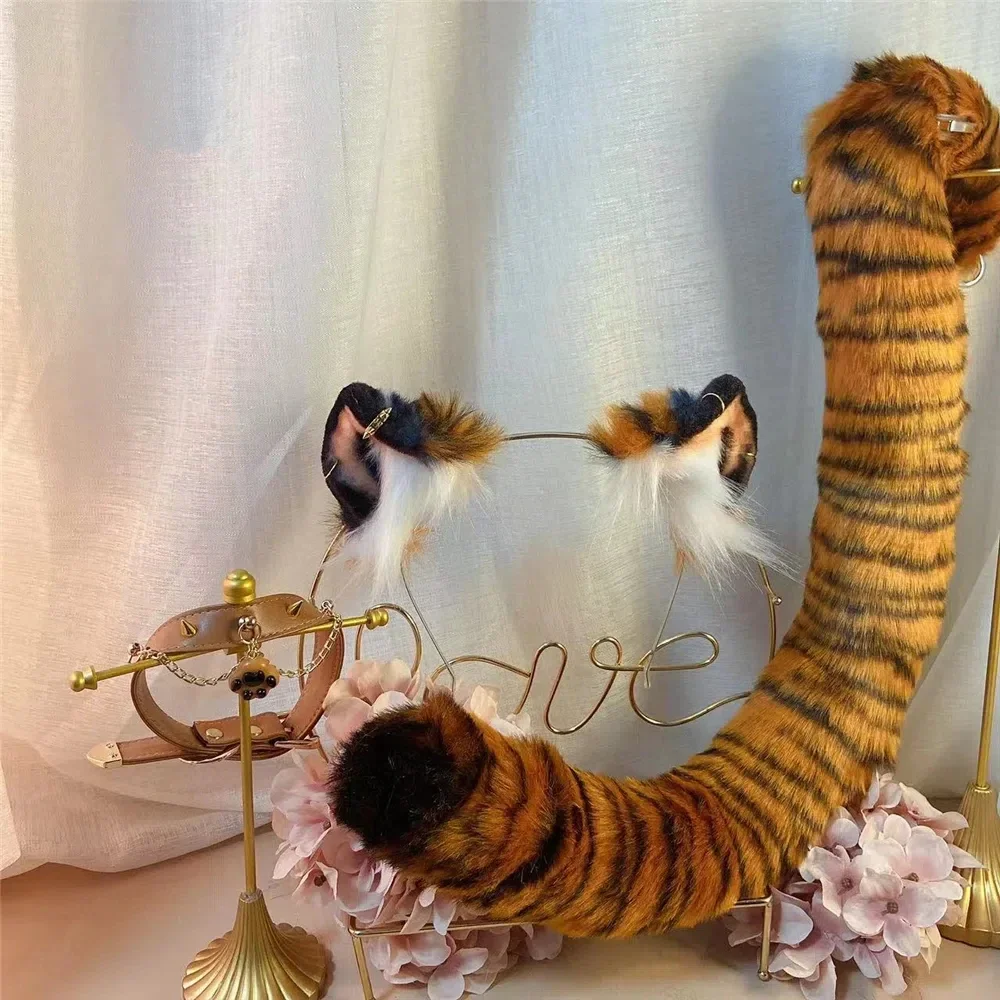 Custom Handmade Anime Beast Tiger Ears Hairhoop Headwear Tail for Halloween Christmas Game Party Cosplay Prop
