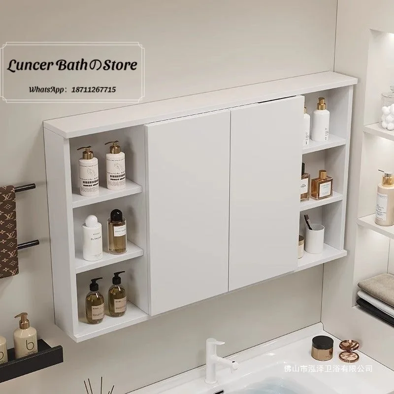 Bathroom cream wind multi-layer solid wood hidden foldingseparate wall-mounted feng shui mirror with towel bar storage