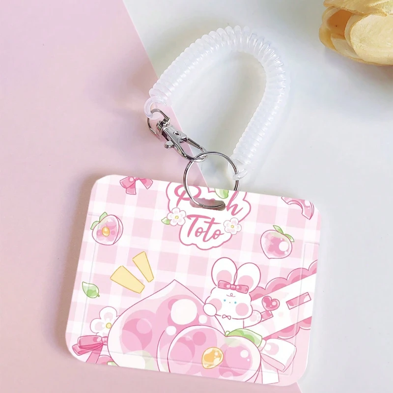 Cartoon Peach Rabbit Pattern Card Holder with Retractable Spring Cord Bank Identity Bus Card Sleeve Case Credential Badge Holder