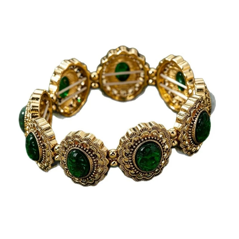 Women Retro Filigree Green Stone Cuff Bracelet Antique Gold Tone With Oval Emerald Cabochons Trendy Formal Accessories