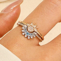 2pcs/set Sun and Moon Overlapping Rings Adjustable Wear Ring for Women Girls Shiny Crystal Couple Wedding Jewelry Gift Wholesale