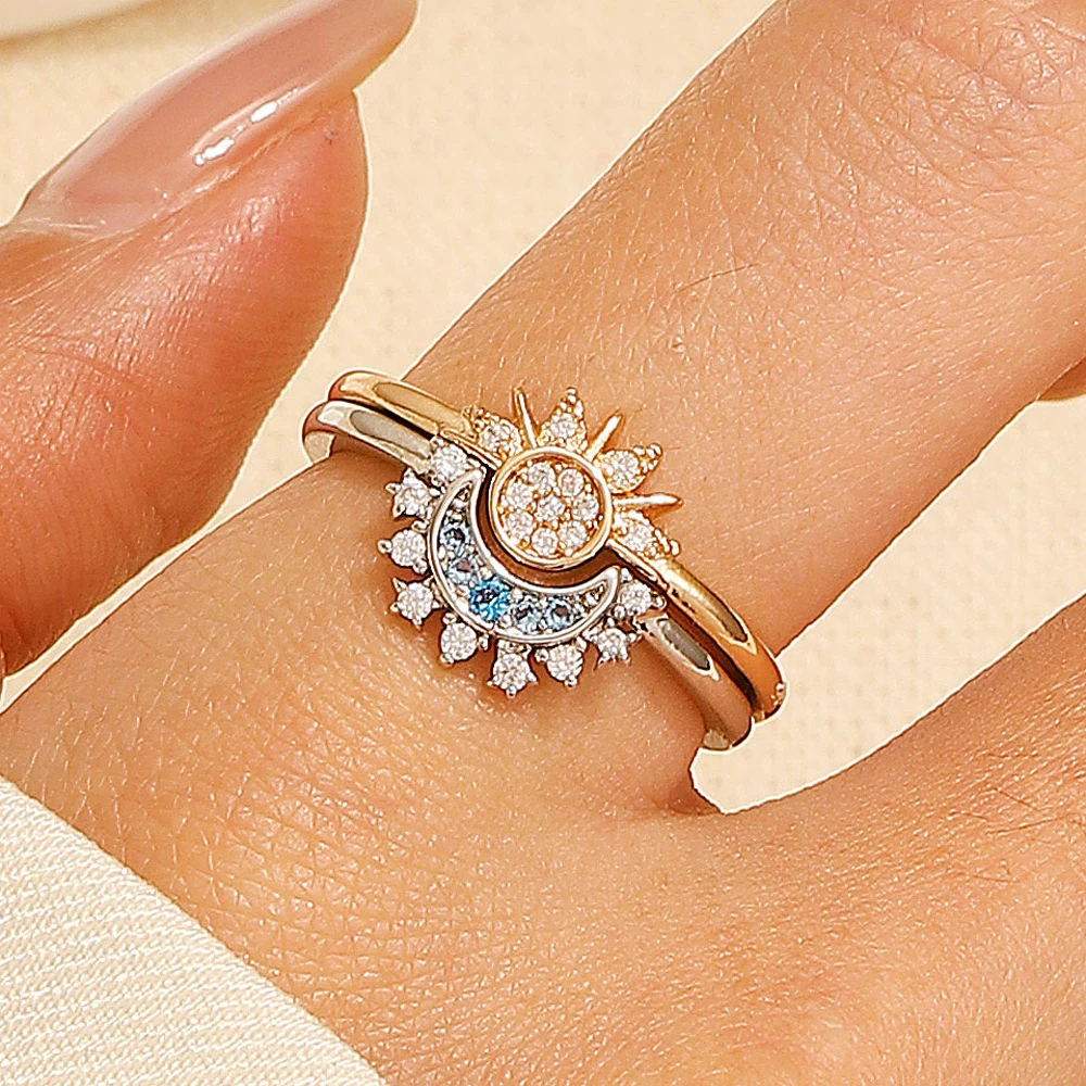 2pcs/set Sun and Moon Overlapping Rings Adjustable Wear Ring for Women Girls Shiny Crystal Couple Wedding Jewelry Gift Wholesale