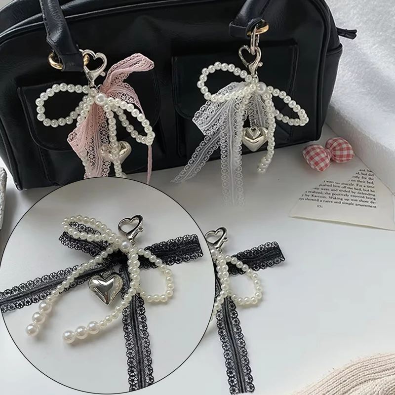 2026 New Sweet Pearl Bow Keychain Heart Lace Pendant Car Keychain Korean Y2K Beauty Girl Bag Pendant Accessory Gift