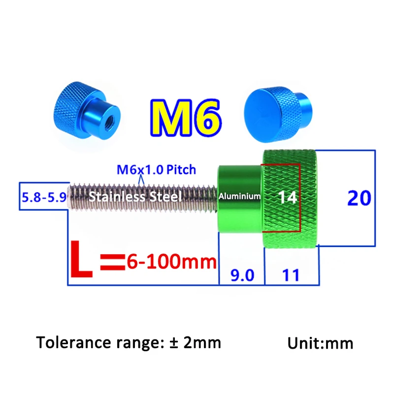 1pc M6x6/8/10/12/15/18/20/25/30-100mm Colorful Aluminium Alloy Stainless Knurled Thumb Screw Hand Grip Knob Step Bolt Anodized