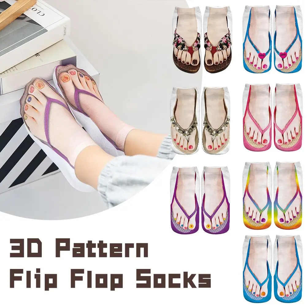 3D Foot Printed Socks For Women Novelty Low Ankle Femme Girls Cotton Socks Casual Funny Creative Flip-flop Shoes Printing S P1H8