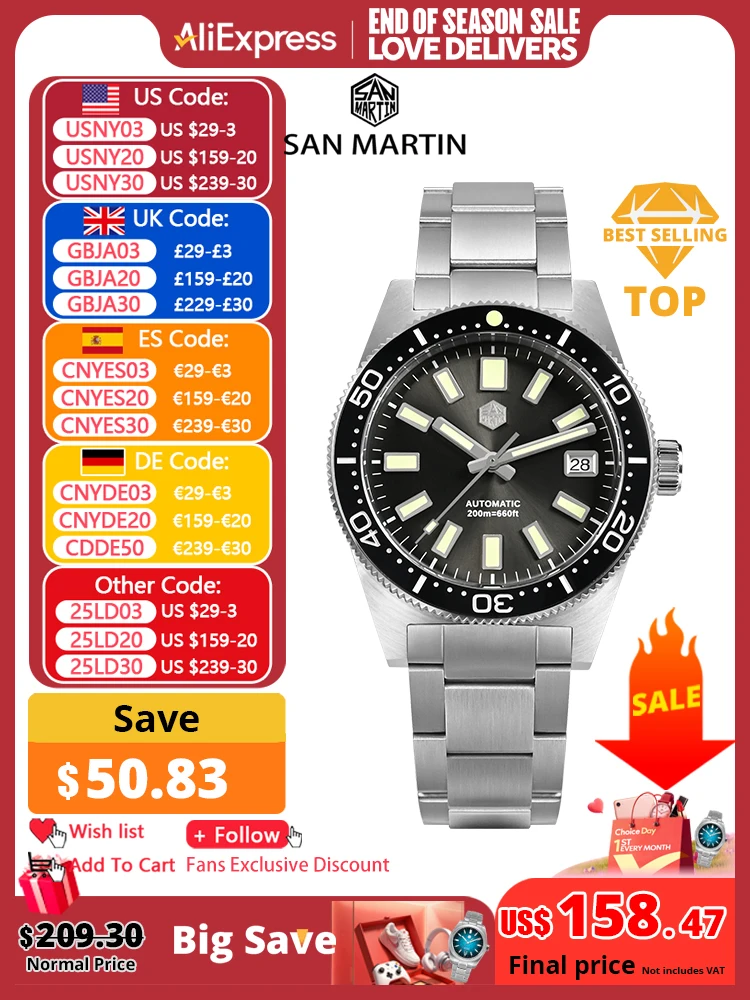 San Martin 62mas Diver Watch 39mm Classic NH35 Men Automatic Mechanical Watches Sapphire Waterproof 200m  SLN C3 Luminous SN0007