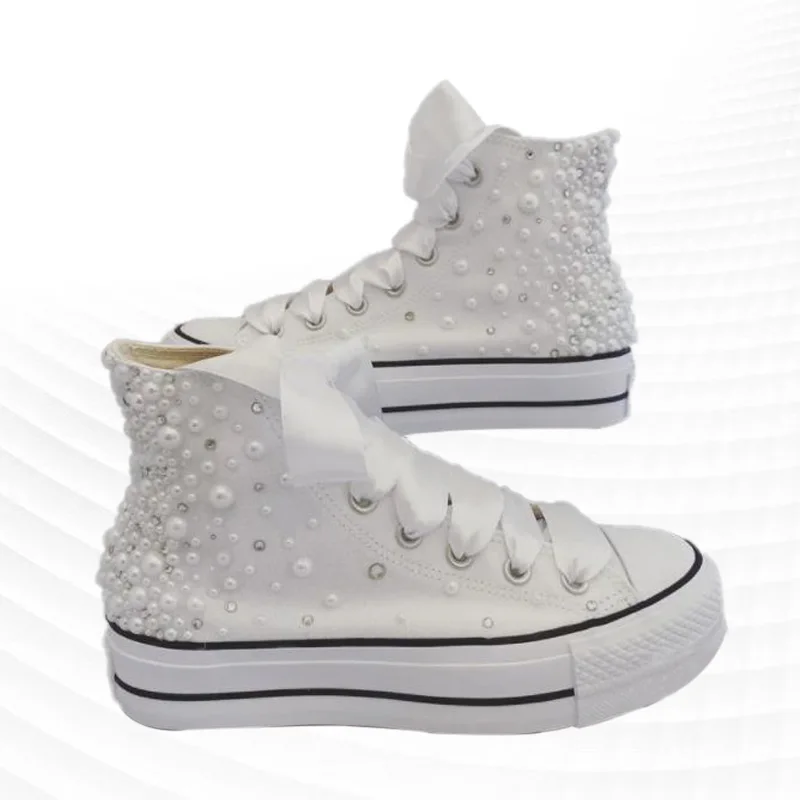 White High Ribbon Pearl Platform Canvas Shoes Comfort Walking Sneakers Handmade Pearl Unisex Vulcanized Shoes 35-46