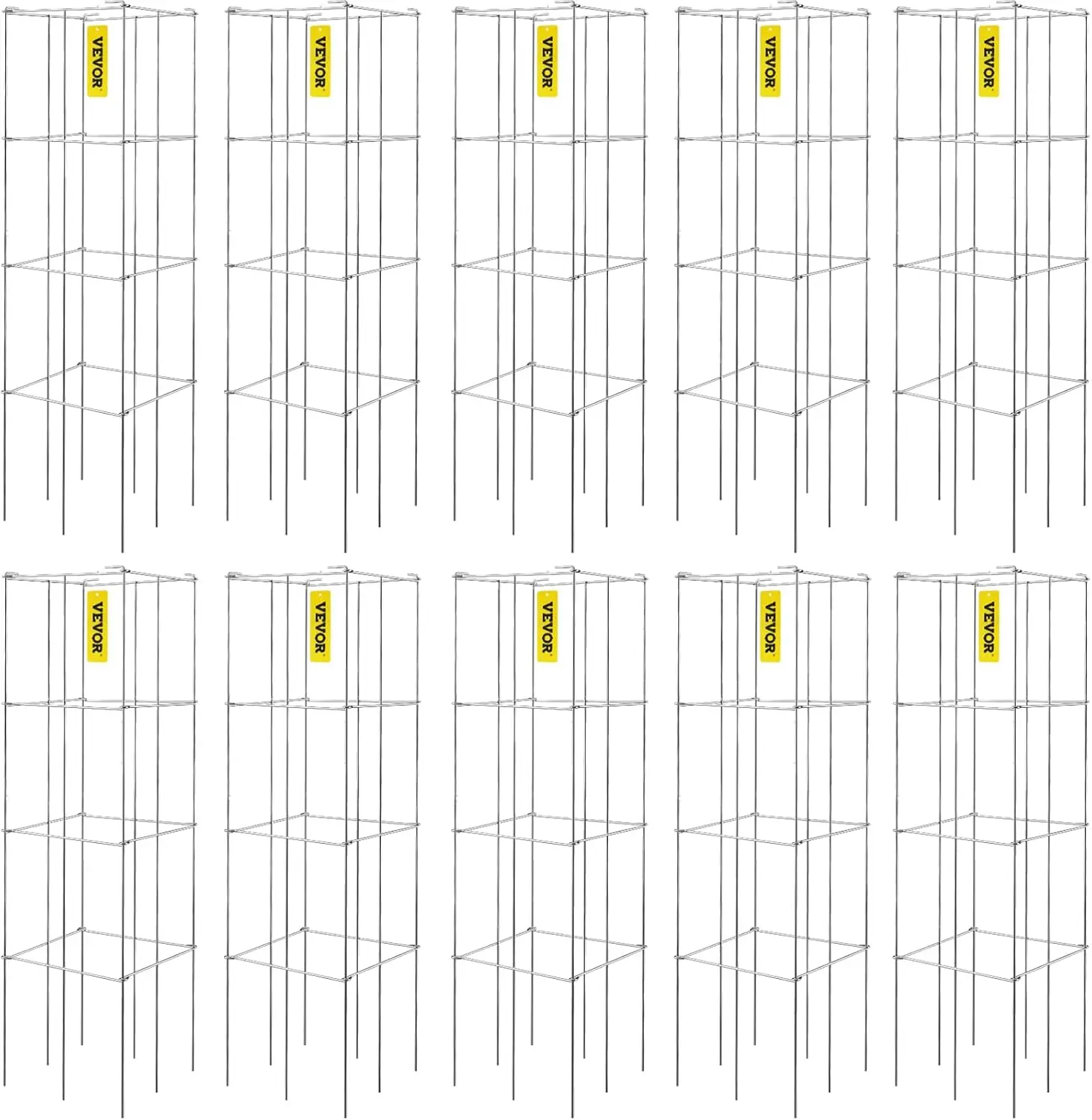 

Tomato Cages, 11.8" x 11.8" x 46.1", 10 Packs Square Plant Support Cages, Silver PVC-Coated Steel Tomato Towers
