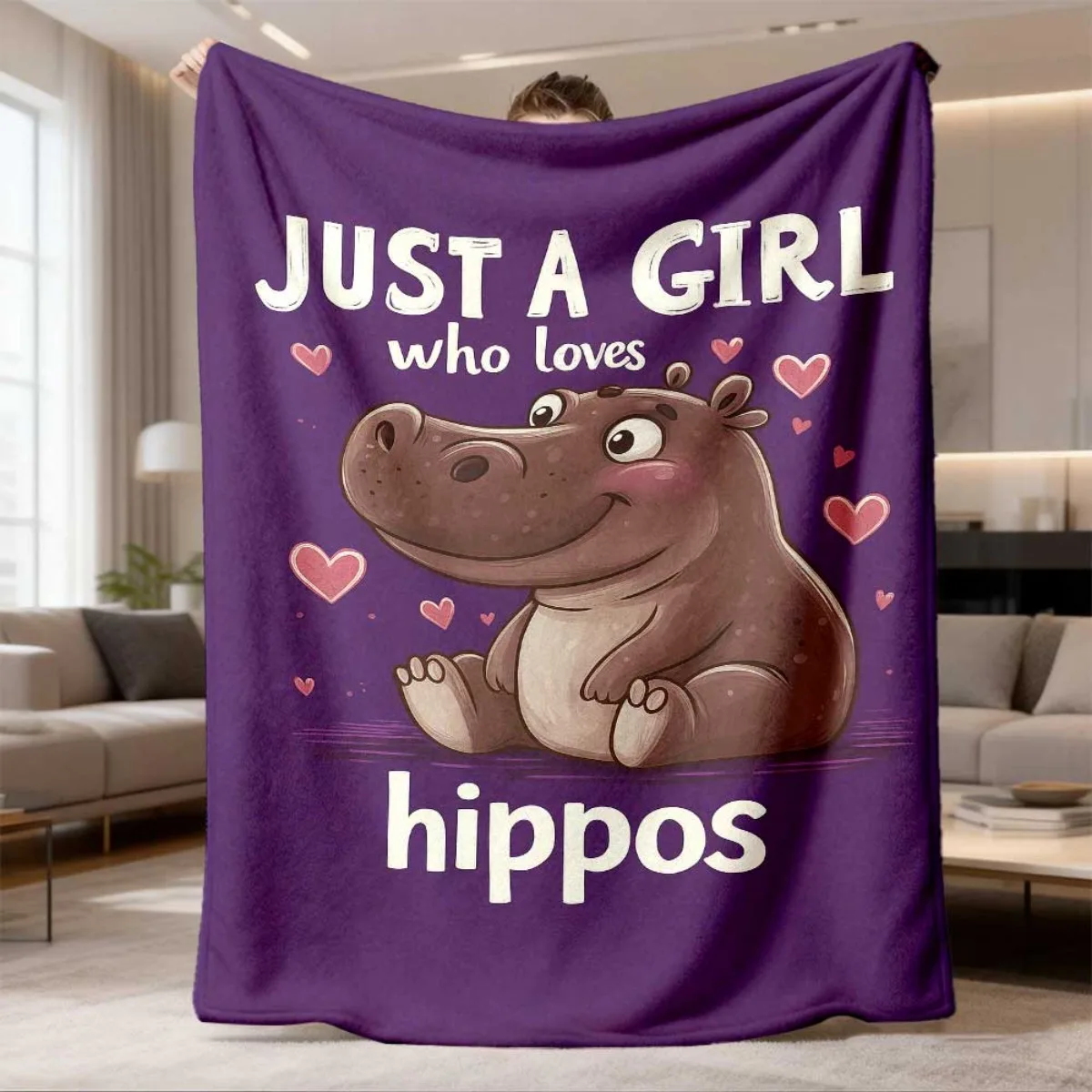 Just A Girl Who Loves Hippos Flannel Blanket Soft Cozy Throw Blanket Cute Cartoon Hippo Print Bed Sofa Cover Home Decor Gift