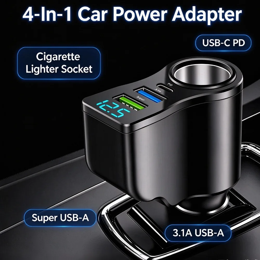 4-In-1 Car Cigarette Lighter Power Adapter 3.1A USB Type C Fast Charging LED Voltage Digital Display Multi Port Power Adapter