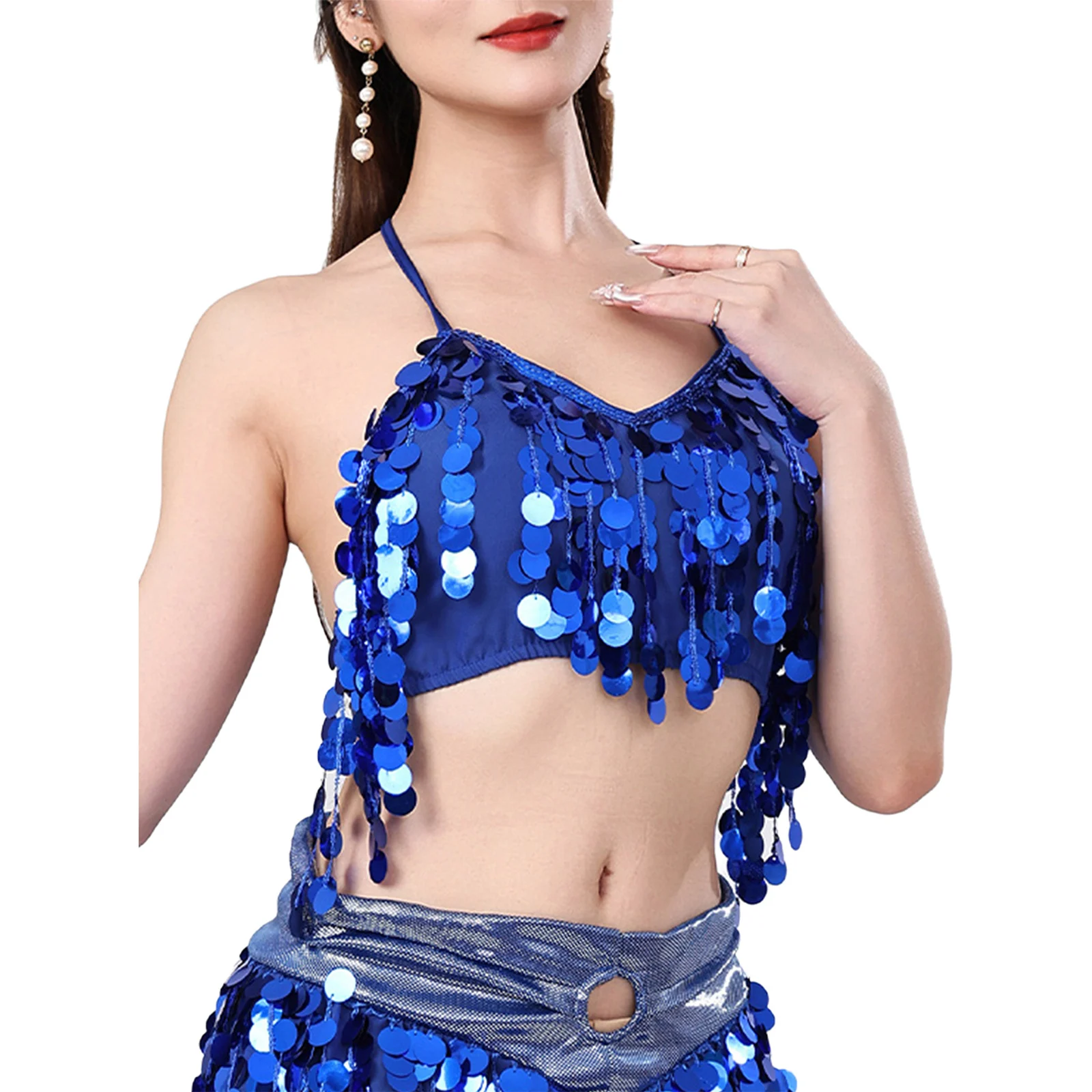Femmes danse du ventre Performance Cotume hauts courts paillettes gland col en V licou coussinets de poitrine à lacets haut court Camisole vêtements de danse