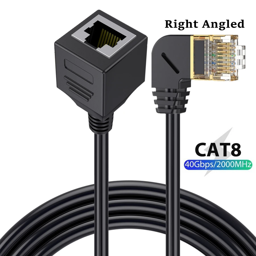 40Gbps Rj45 Cat8 Ethernet Extension Cable Cord Cat 8/7/6 Ethernet Lan Network Male To Female 90 Degree Right Anlge For PC Laptop